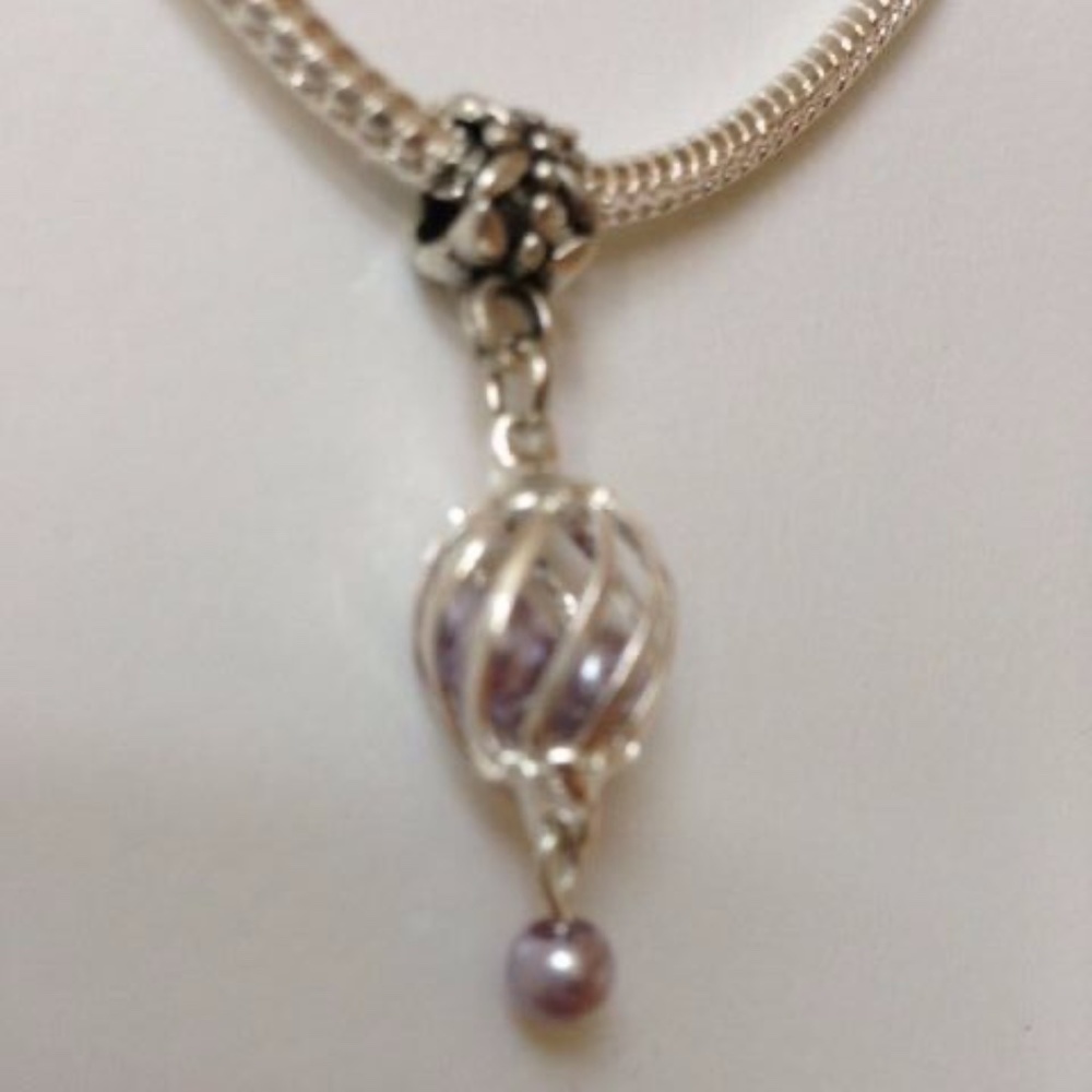 “Lavender Pearls in Cage” Dangling Charm Bead For European Style Charm Bracelets